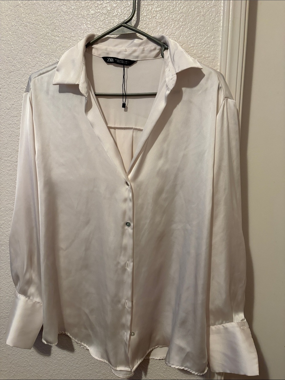 Zara Ivory Satin Button-Down Blouse